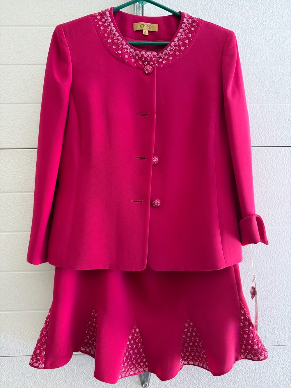 Kasper Hot Pink Beaded Collar Skirt Suit